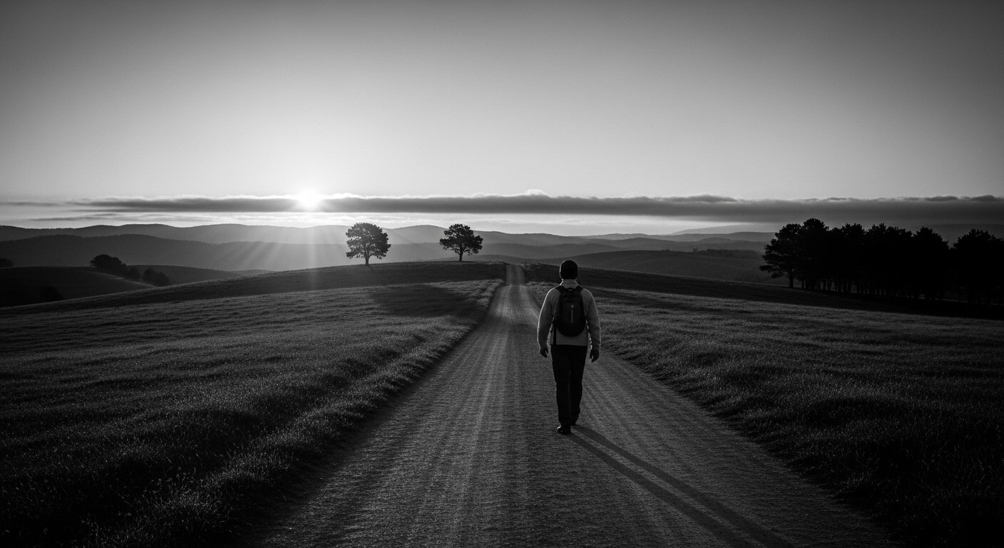 Person walking on a rural road at sunrise with rolling hills and scattered trees in the background