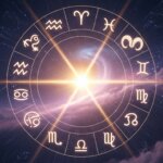 Glowing zodiac wheel with astrological signs surrounding a bright cosmic light and galaxy background.