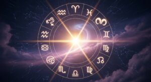 Glowing zodiac wheel with astrological signs surrounding a bright cosmic light and galaxy background.