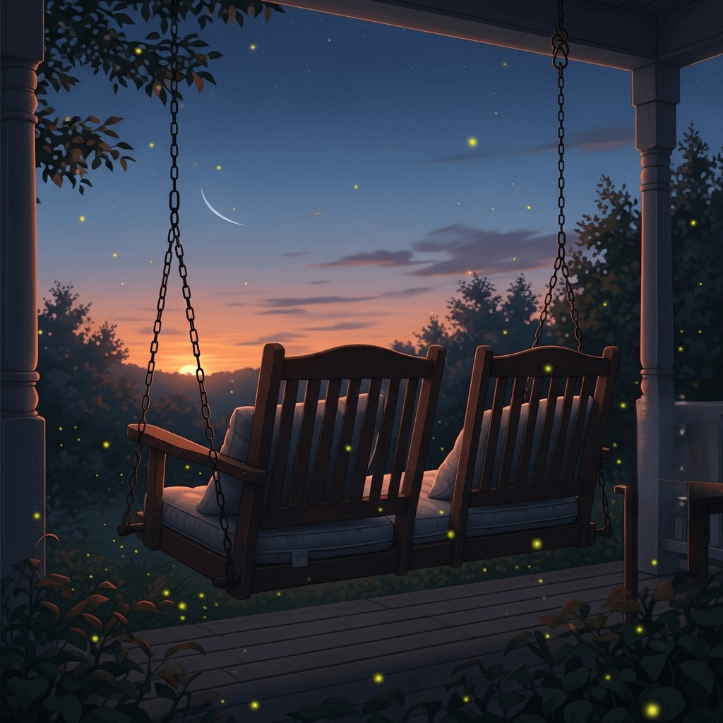 Ayunan teras kayu dengan bantal saat matahari terbenam dikelilingi kunang-kunang dan pepohonan di bawah bulan sabit
