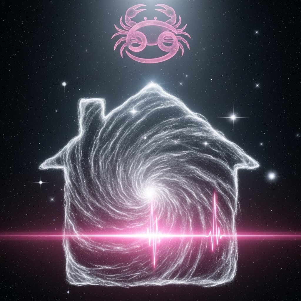 Galaksi berbentuk rumah bersinar dengan garis detak jantung merah muda dan tanda zodiak Cancer di atas dengan latar belakang ruang berbintang