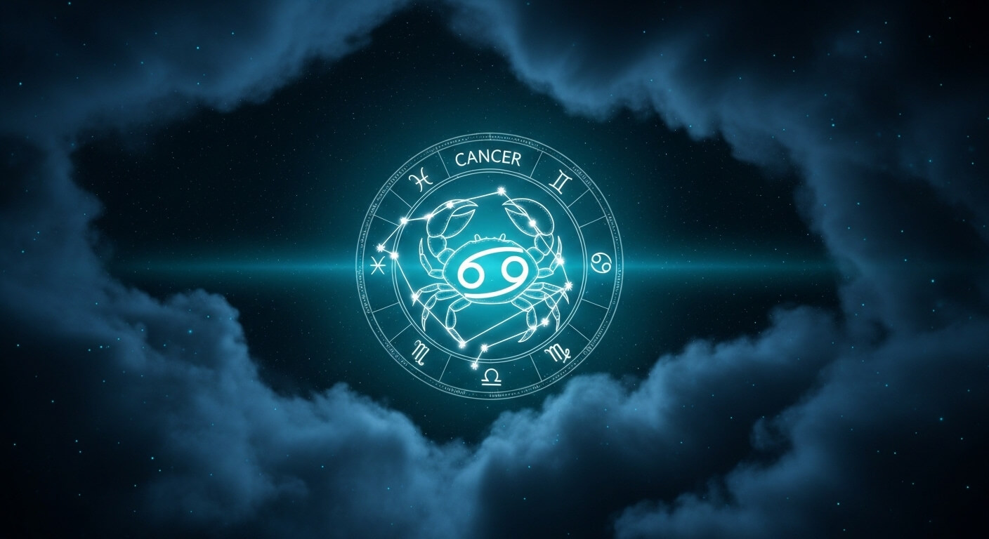 Glowing Cancer zodiac sign with crab and constellation surrounded by other astrological symbols in a starry sky.