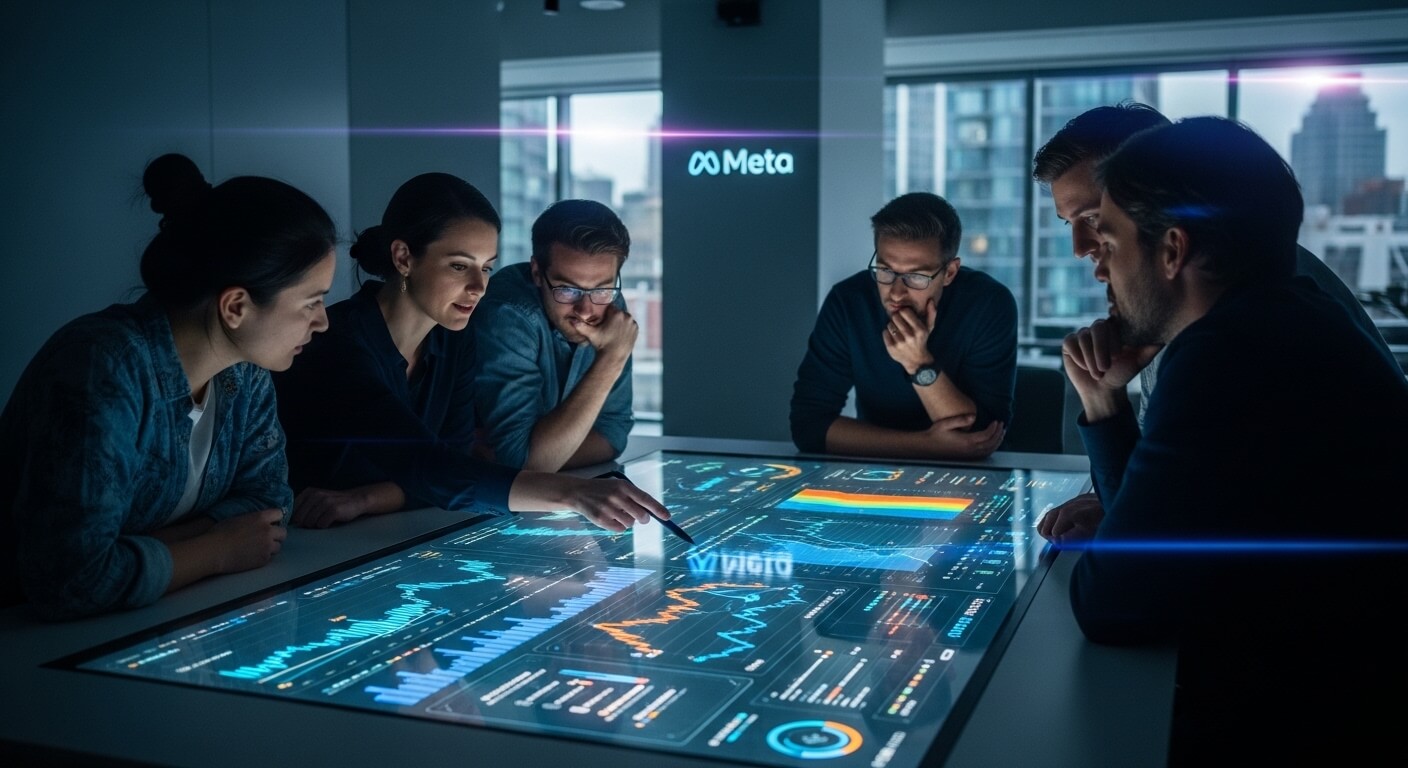 Team of six professionals analyzing data on a large interactive digital table in a Meta office.