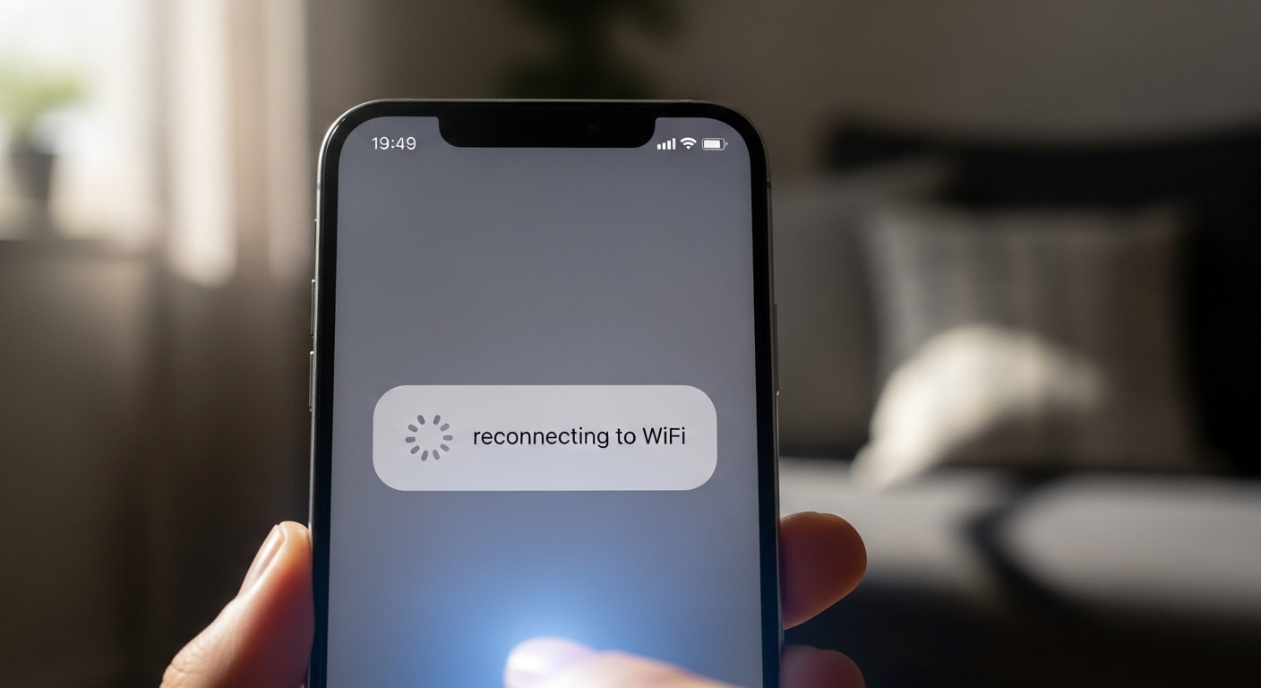 Smartphone screen showing "reconnecting to WiFi" message with loading icon.