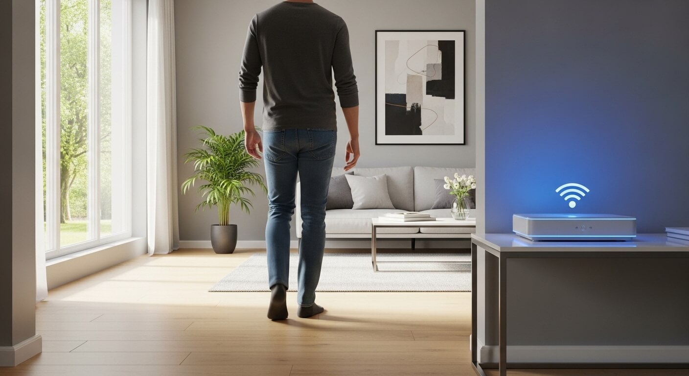 Person walking barefoot in a living room with a glowing Wi-Fi router on a side table.