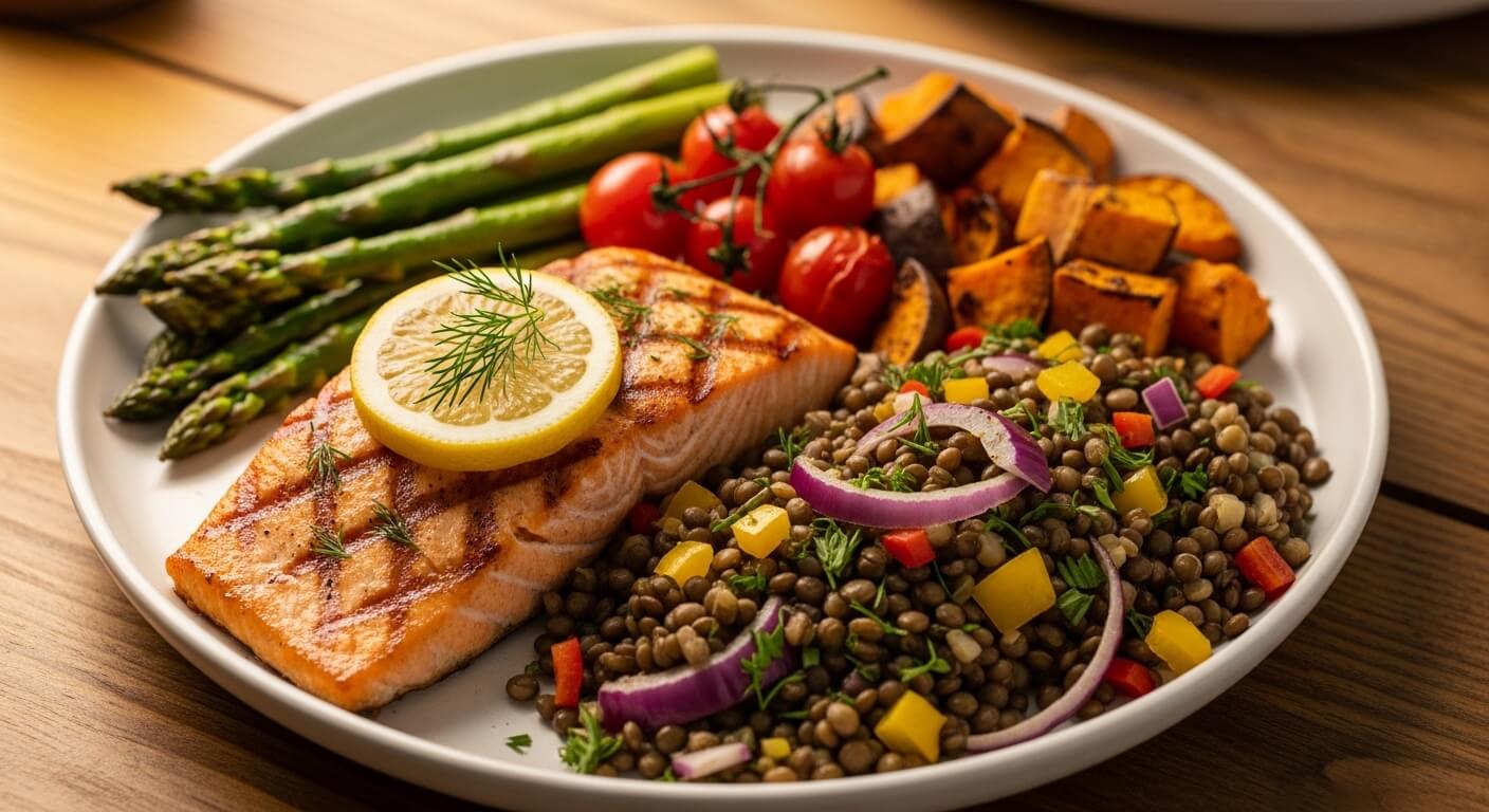 Grilled salmon with lemon slice, asparagus, roasted sweet potatoes, cherry tomatoes, and lentil salad with onions and bell peppers on a white plate.