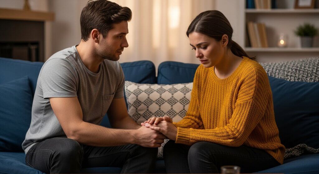 Man in gray t-shirt comforting woman in mustard sweater on blue couch in living room