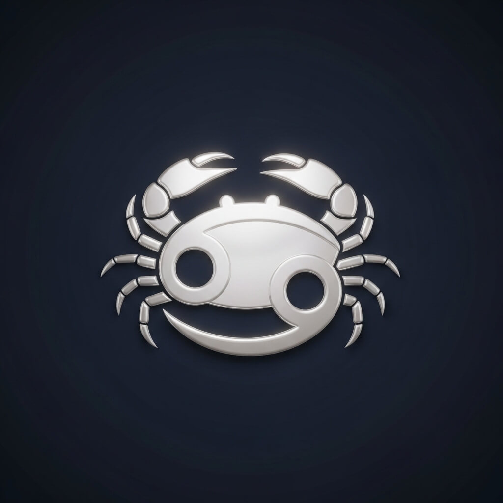 Silver metallic Cancer zodiac symbol shaped like a crab on a dark background