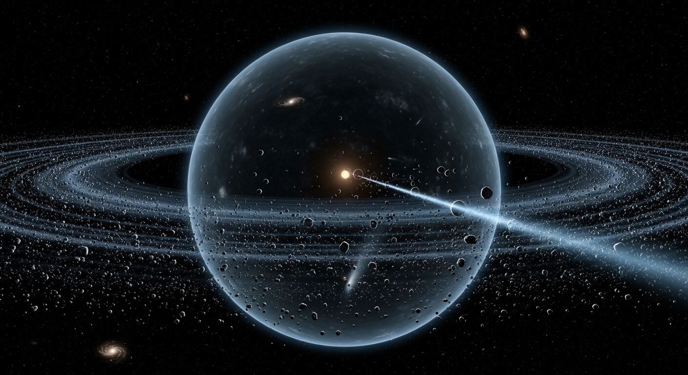 Transparent planet with rings and numerous asteroids orbiting a distant star in space.