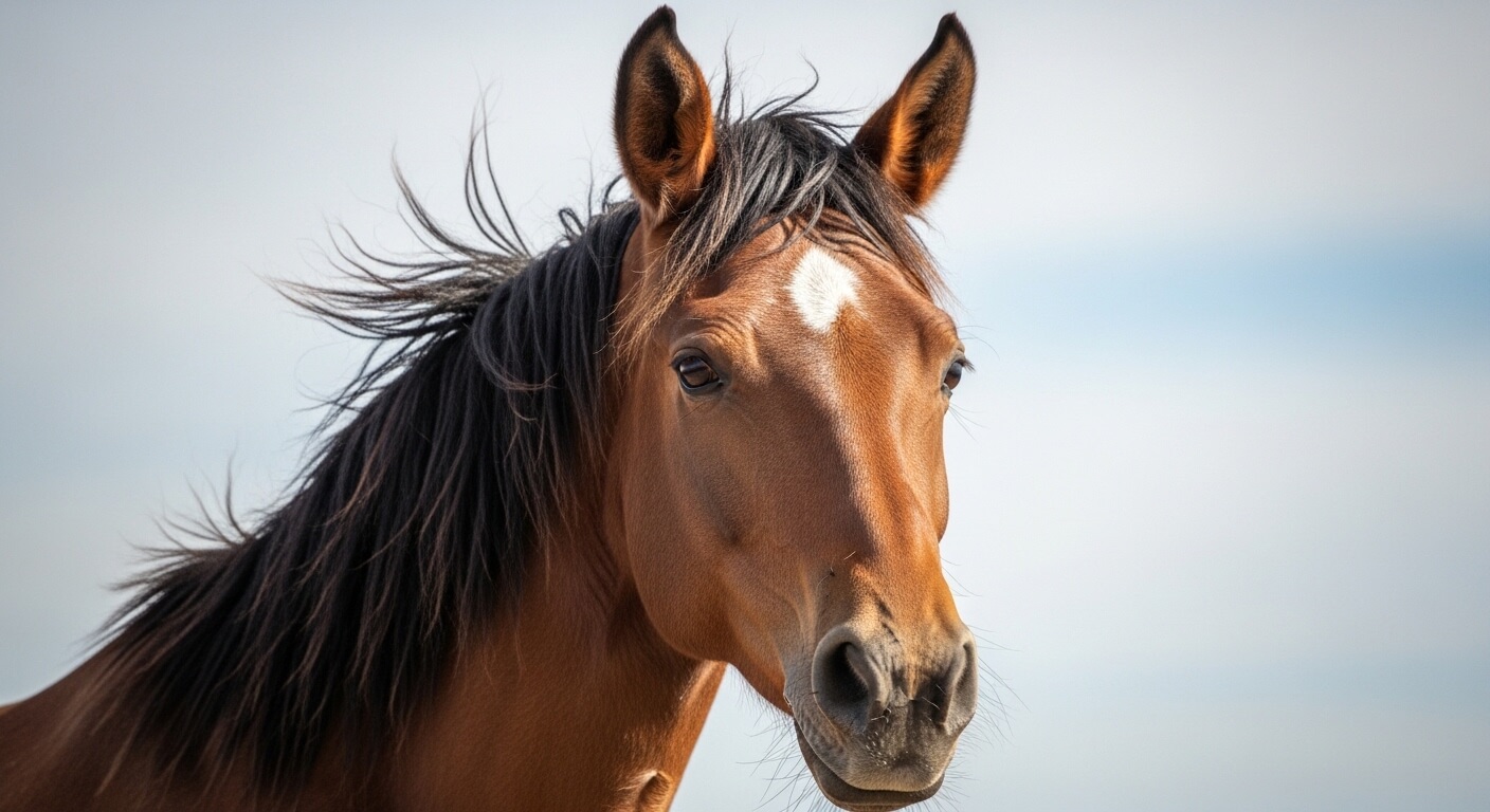 Close-up of a brown horse with a black mane and a white star-shaped mark on its forehead against a clear sky.
