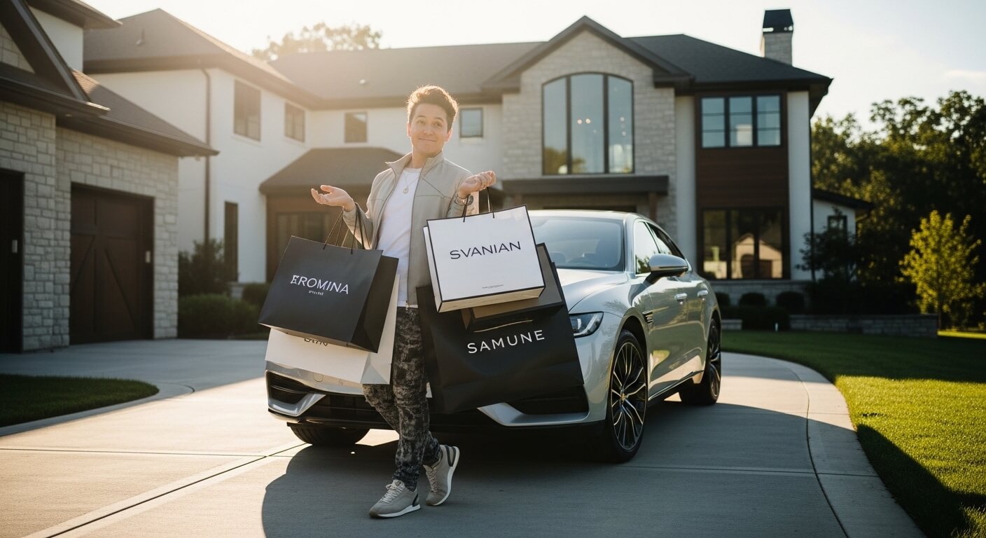 Person standing in front of a white car holding multiple shopping bags labeled Eromina, Svanian, and Samune in a driveway.