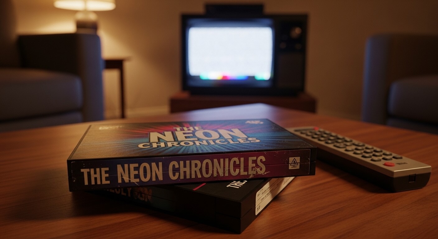 VHS tape of "The Neon Chronicles" and remote on a wooden table with a vintage TV in the background.