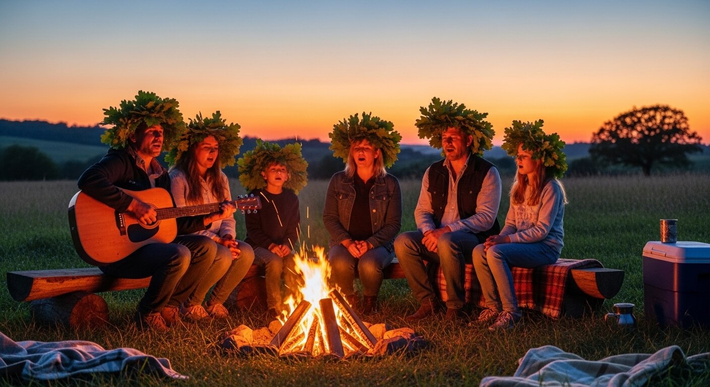 Group of six people wearing leaf crowns singing around a campfire at sunset, one playing guitar.