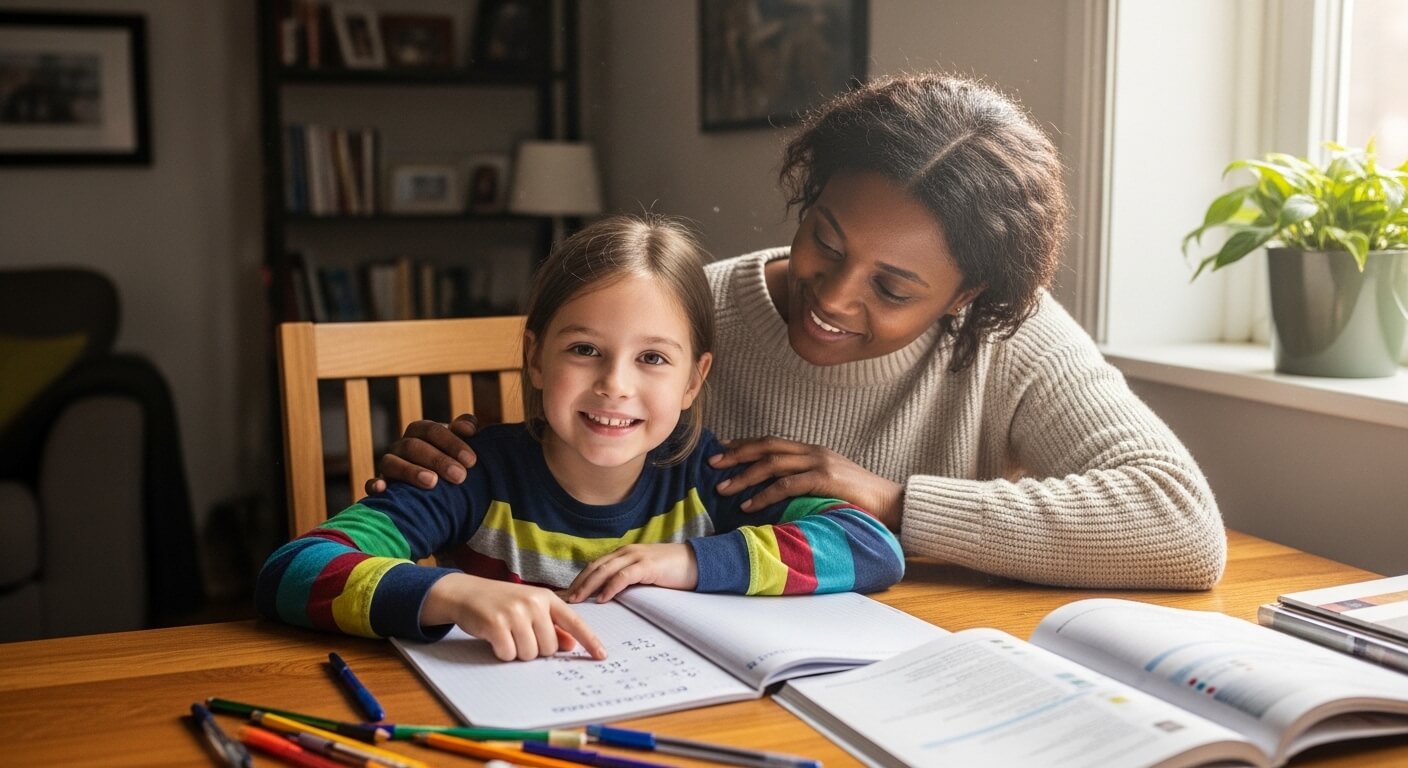 Woman helping a smiling girl with math homework at a wooden table by a window with plants