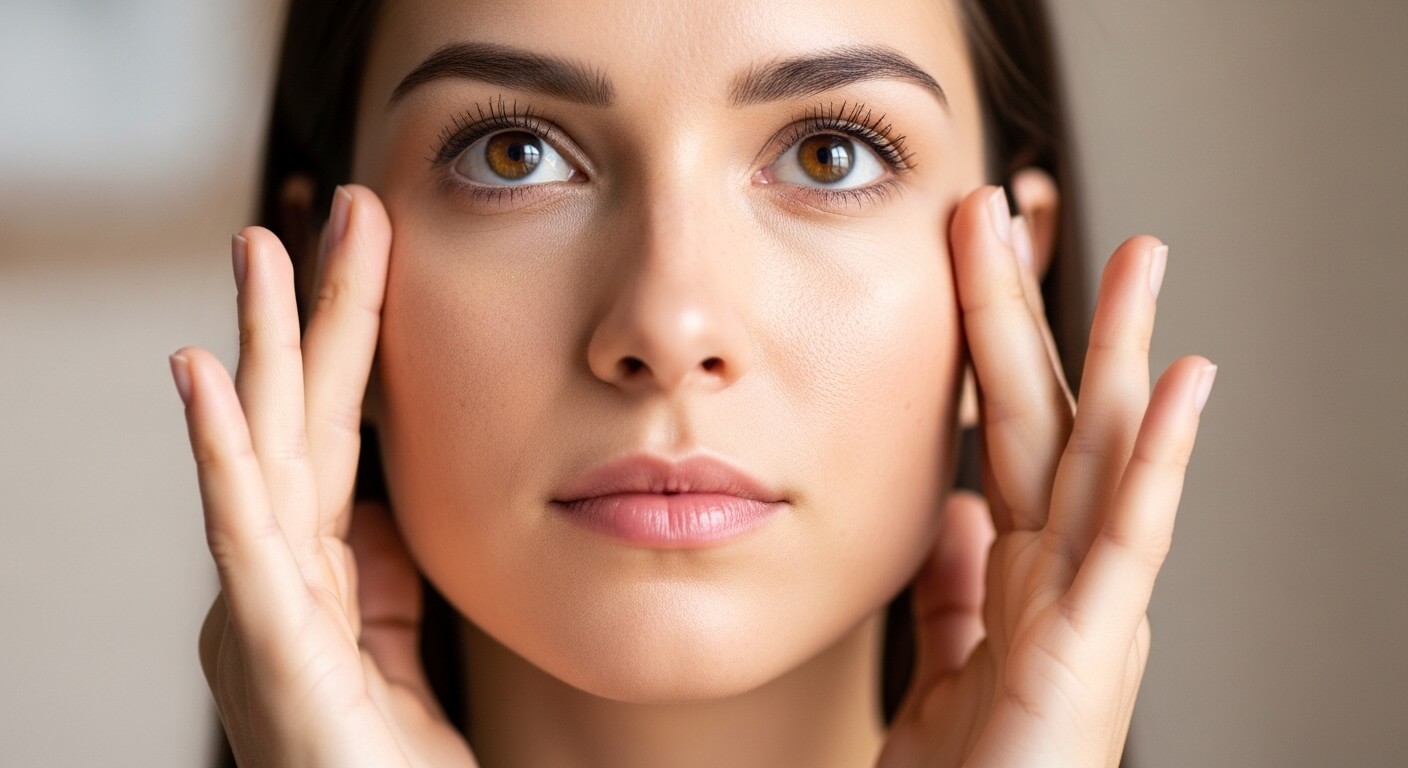 Close-up of a woman gently touching her face, highlighting clear skin and natural makeup.