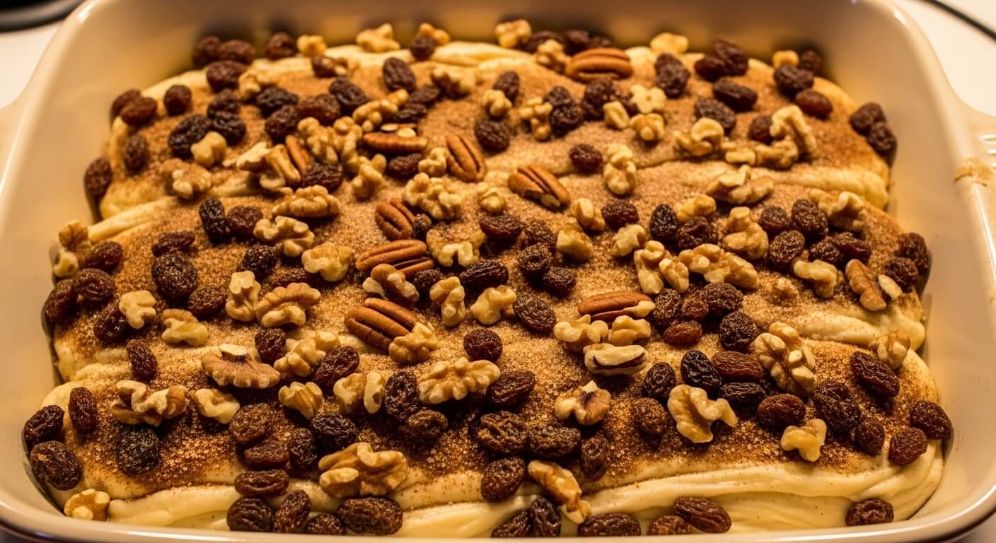 Unbaked cinnamon rolls topped with raisins, walnuts, and pecans in a baking dish.