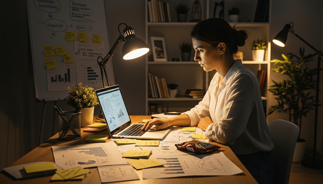 woman working late on laptop surrounded by charts and sticky notes in a home office