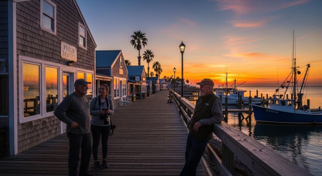 Three people talking on a wooden pier near fishing boats at sunset by buildings with a "Percy Stainly" sign