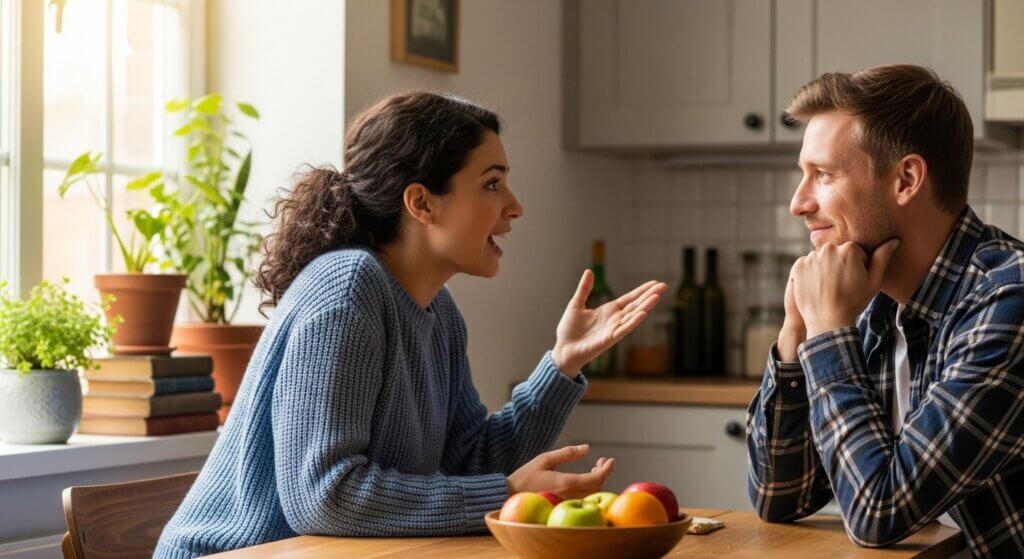 Woman in blue sweater animatedly talking to man in plaid shirt at kitchen table with fruit bowl.