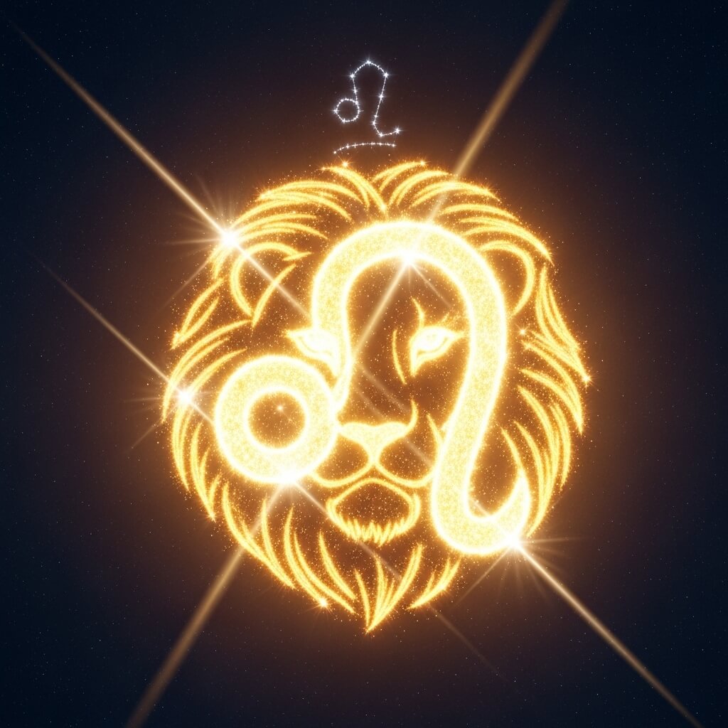 Simbol zodiak Leo emas bersinar menyatu dengan wajah singa dengan latar belakang malam berbintang.