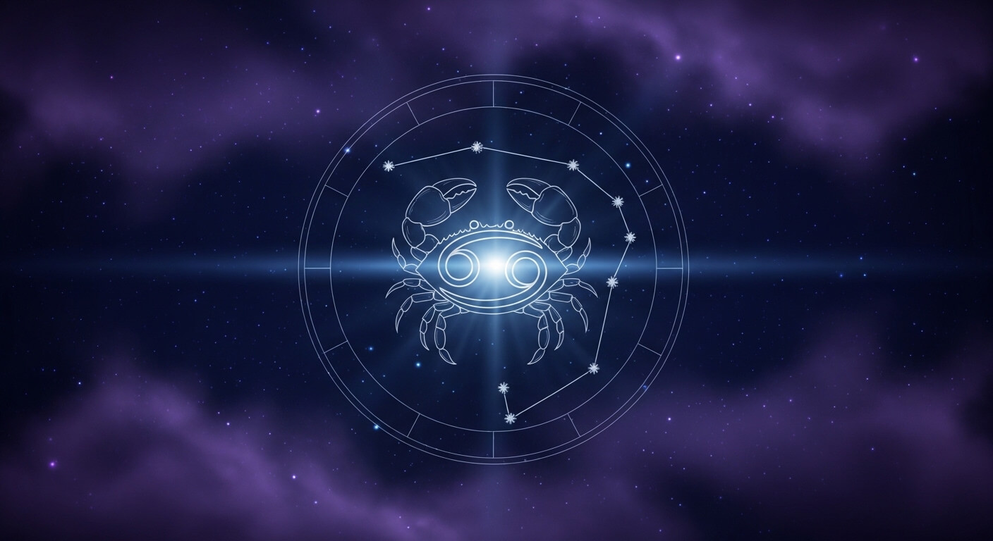 Cancer zodiac sign symbol with constellation on a starry purple night sky background
