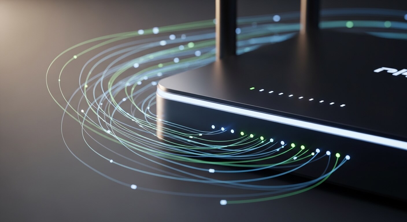 Close-up of a black router with glowing LED indicators and digital light trails representing data flow.