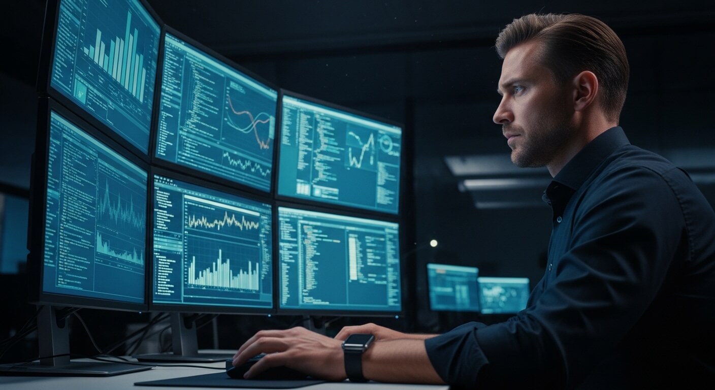 Man analyzing data and graphs on multiple computer monitors in a dark office environment