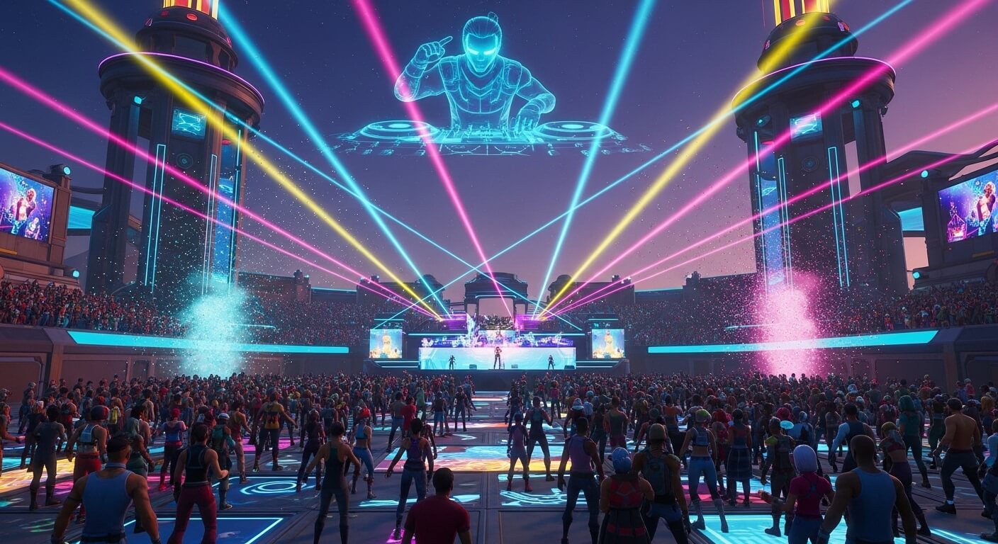 Virtual concert crowd watching a holographic DJ with colorful laser lights in a futuristic stadium.