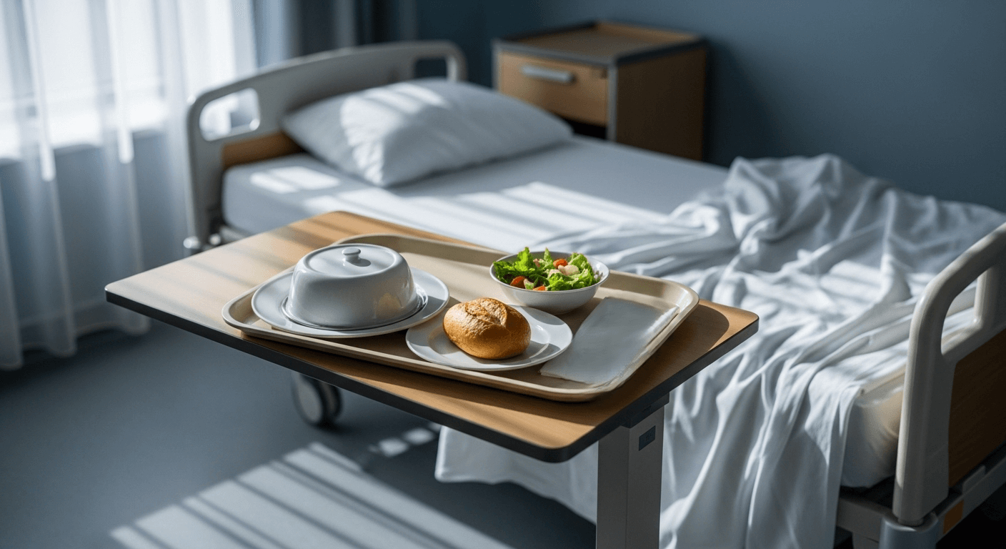 Hospital bed with a meal tray holding a covered dish, bread roll, and salad bowl in a sunlit room