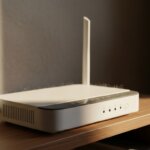 White wireless router with two antennas on a wooden shelf in soft natural light