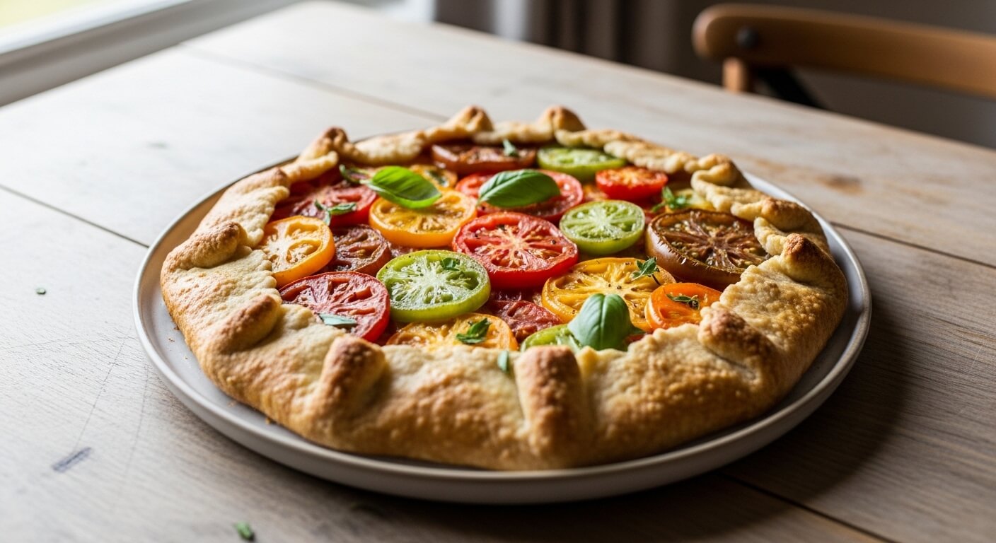 Rustic tomato galette with multicolored tomato slices and fresh basil on a white plate on a wooden table.
