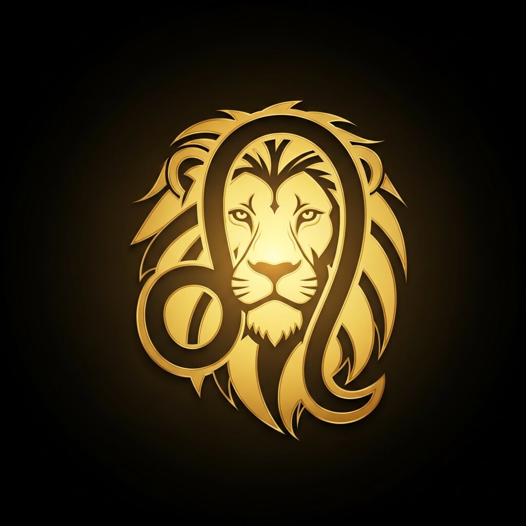 Golden lion head logo with a stylized mane forming the Leo zodiac symbol on a dark background