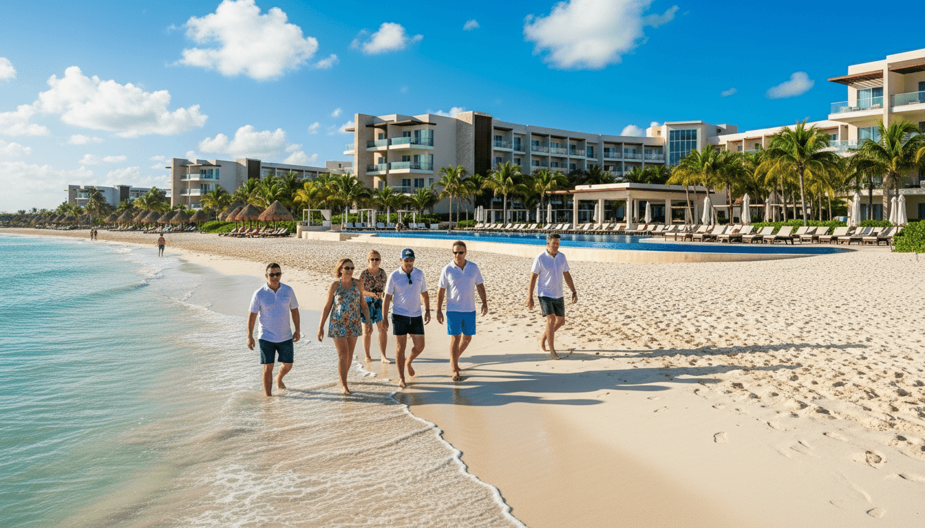 Group of six people walking barefoot along the shoreline of a sunny beach near a resort with palm trees and lounge chairs