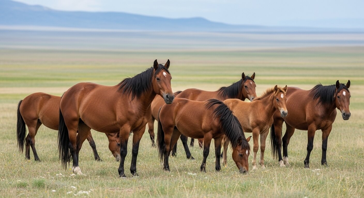 Herd of brown horses grazing and standing in a grassy plain with distant hills in the background.