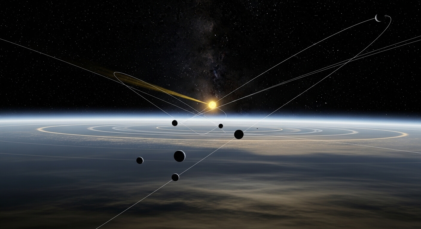 Solar system planets orbiting the sun with visible orbital paths against a starry space background.