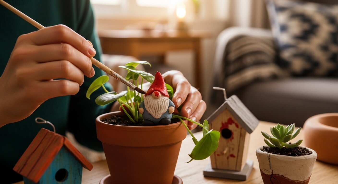 Person painting a small garden gnome figurine in a terracotta pot with green plants indoors