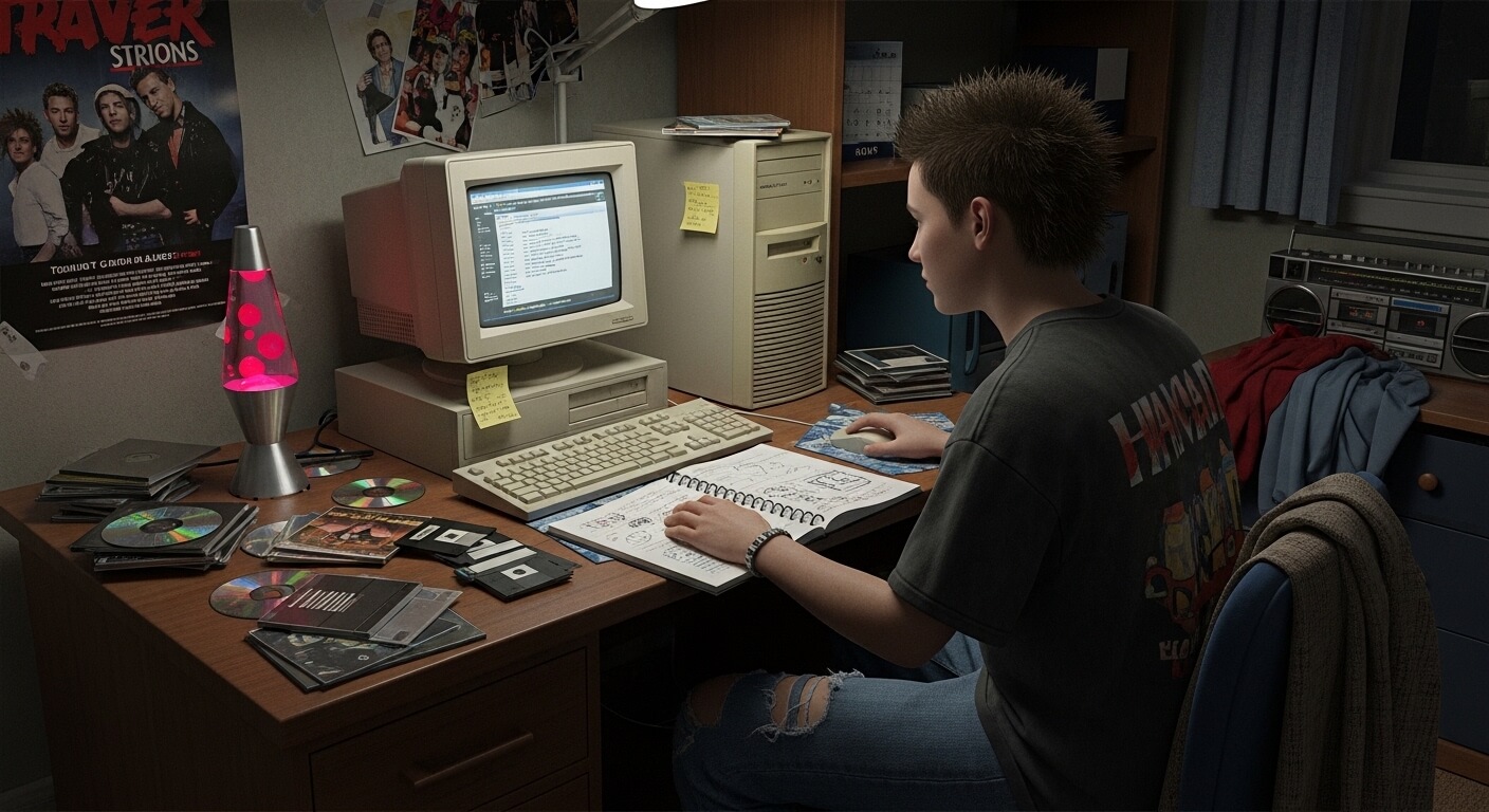 Teen with spiked hair using a vintage computer surrounded by CDs, floppy disks, and a lava lamp in a bedroom.