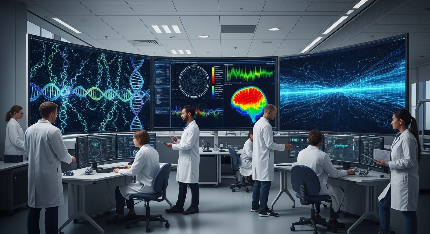 Scientists in lab coats analyzing DNA, brain scans, and data on large curved monitors in a research lab.