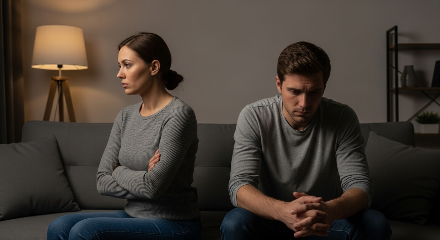 Couple sitting on a couch facing away from each other, appearing upset or in conflict.