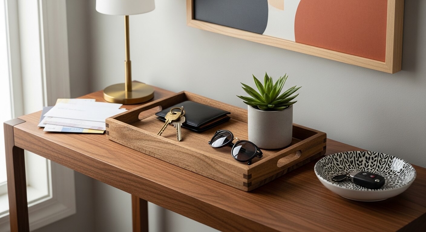 Wooden entryway table with a tray holding keys, wallet, sunglasses, and a potted succulent next to a patterned bowl with car keys.