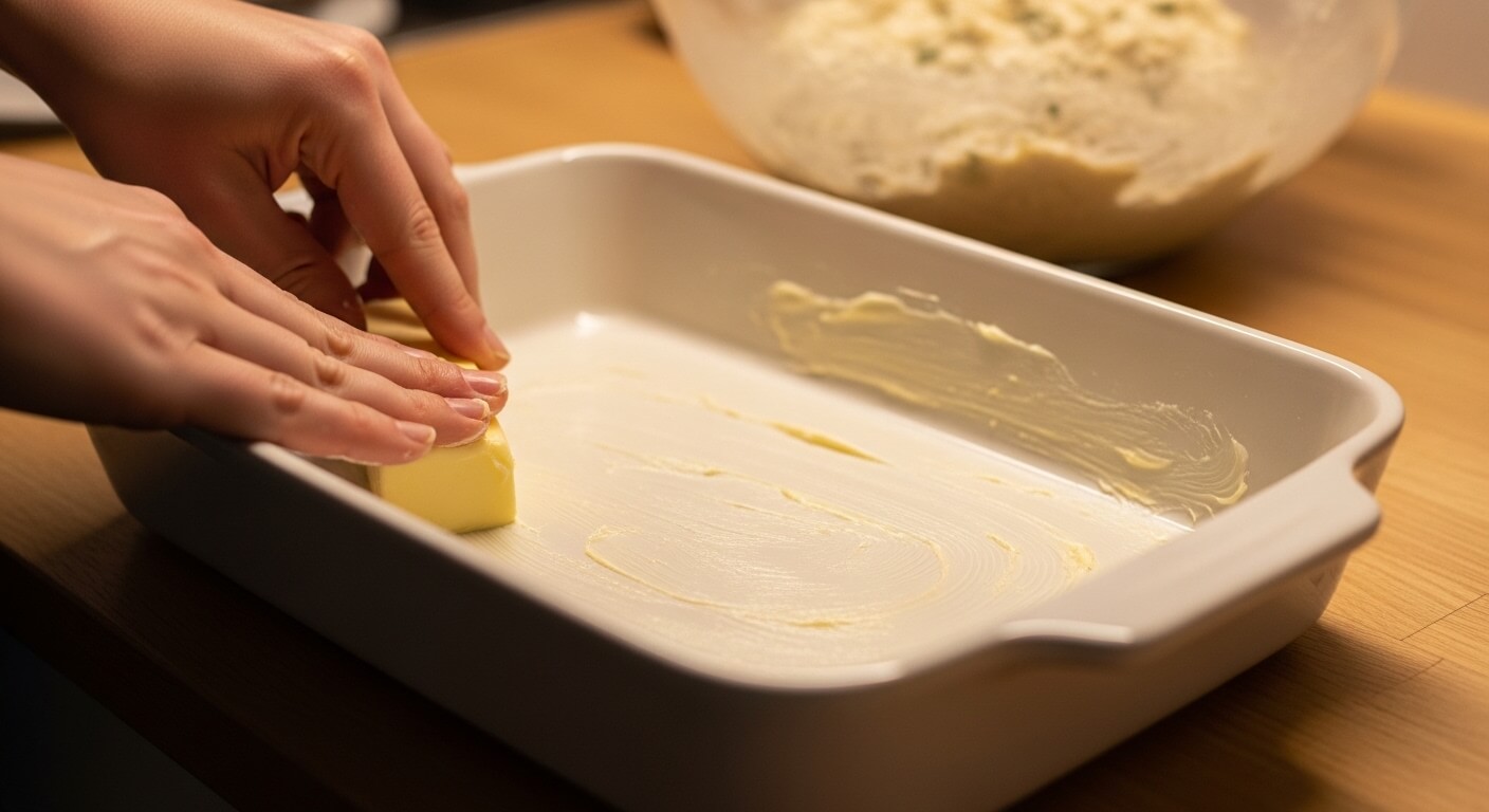 Hands rubbing butter on a white rectangular baking dish on a wooden surface.