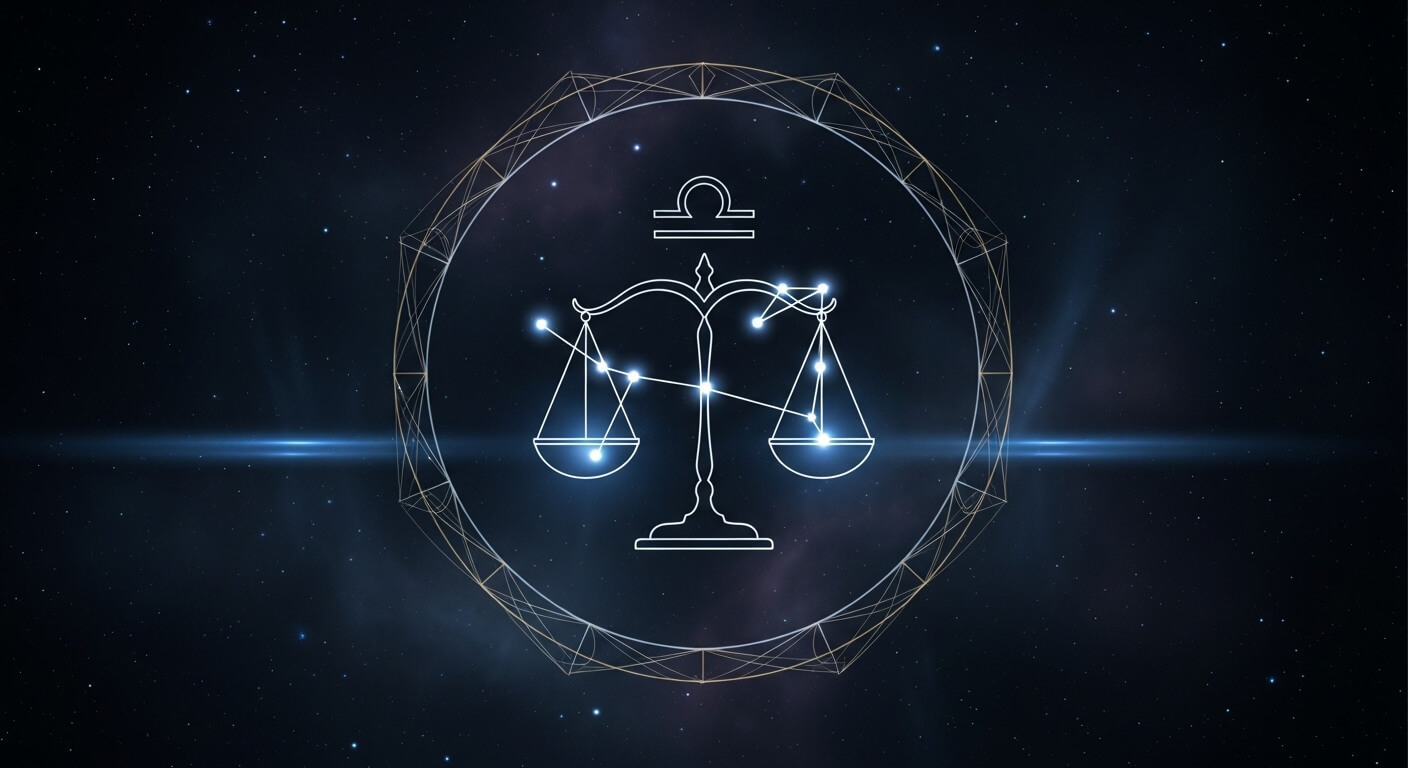 Libra zodiac constellation forming a balanced scale symbol against a starry night sky background.