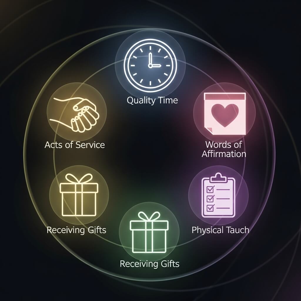 Ikon yang mewakili lima bahasa cinta: Waktu Berkualitas, Tindakan Pelayanan, Kata-kata Penegasan, Menerima Hadiah, dan Sentuhan Fisik.
