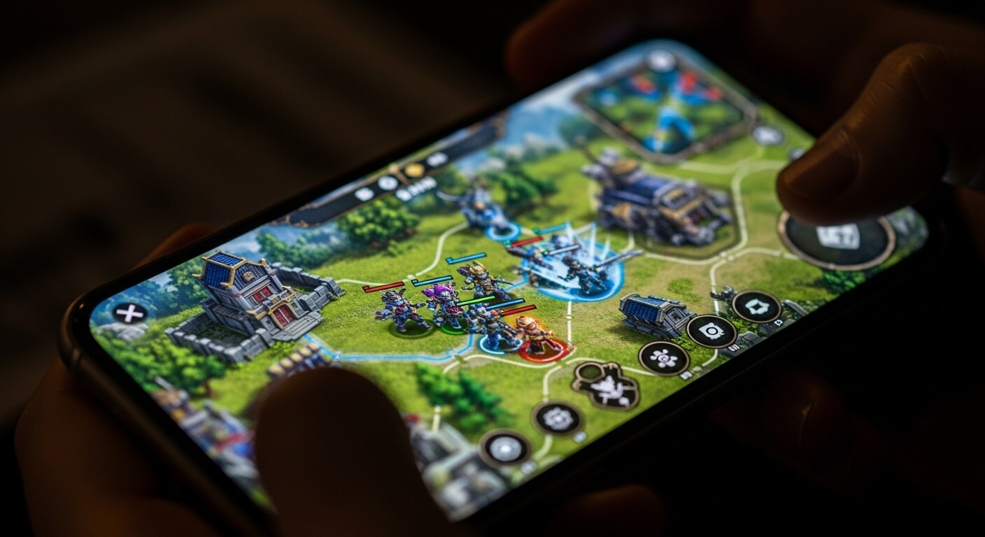 Hands playing a strategy battle game on a smartphone with fantasy characters and buildings on a green map.