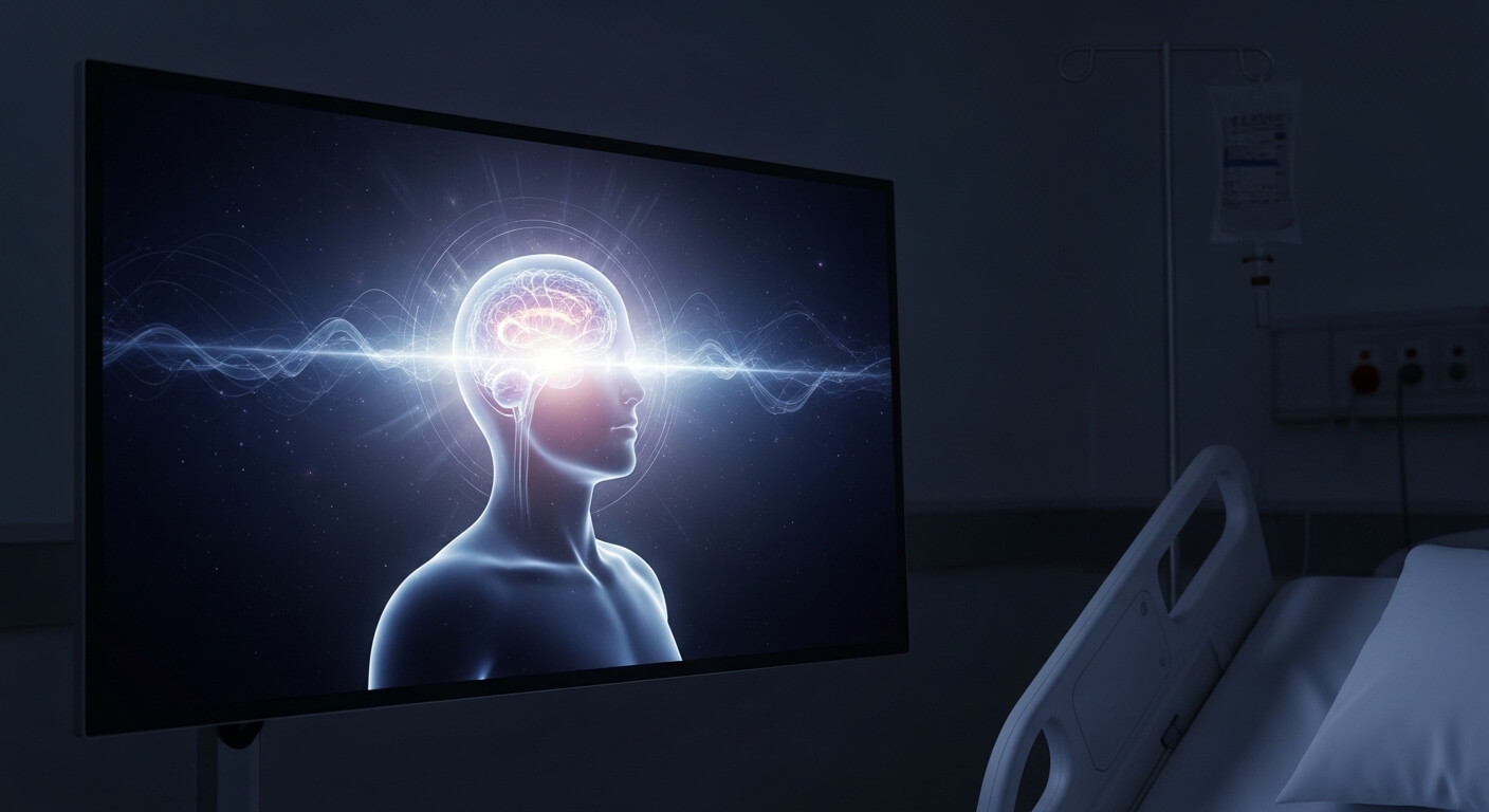Digital illustration of a human head with a glowing brain and energy waves on a screen in a dark hospital room.