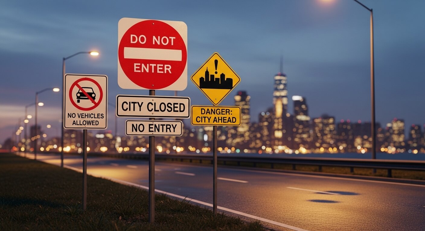 Road signs indicating no vehicles allowed, do not enter, city closed, no entry, and danger city ahead at dusk.
