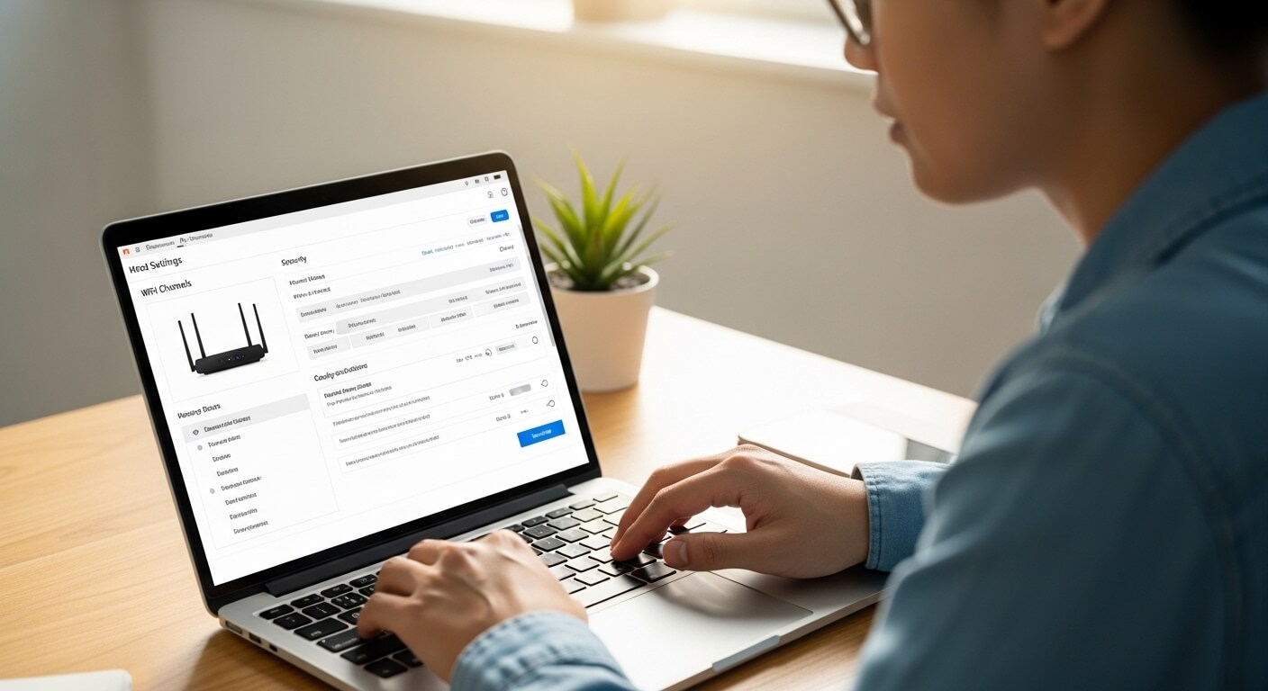 Person configuring WiFi router settings on a laptop at a wooden desk with a small potted plant nearby.