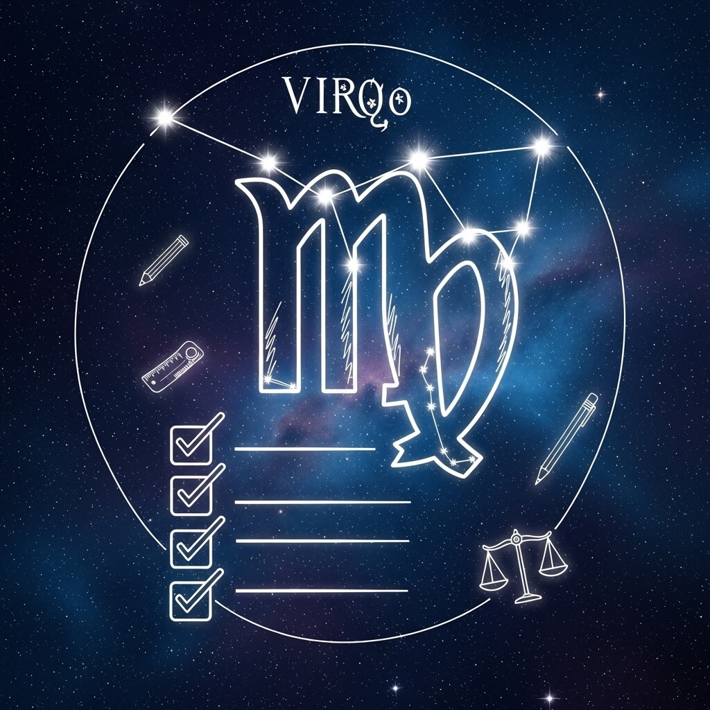 Simbol zodiak Virgo dengan konstelasi, daftar periksa, pensil, penggaris, dan skala pada latar belakang berbintang.