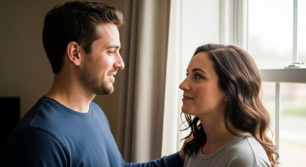 Man and woman looking at each other indoors near a window, both wearing casual long-sleeve shirts