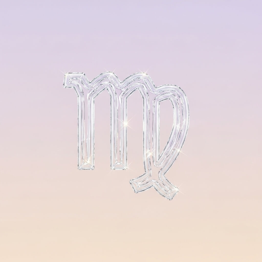 Sparkling crystal Virgo zodiac symbol on a soft purple and peach gradient background